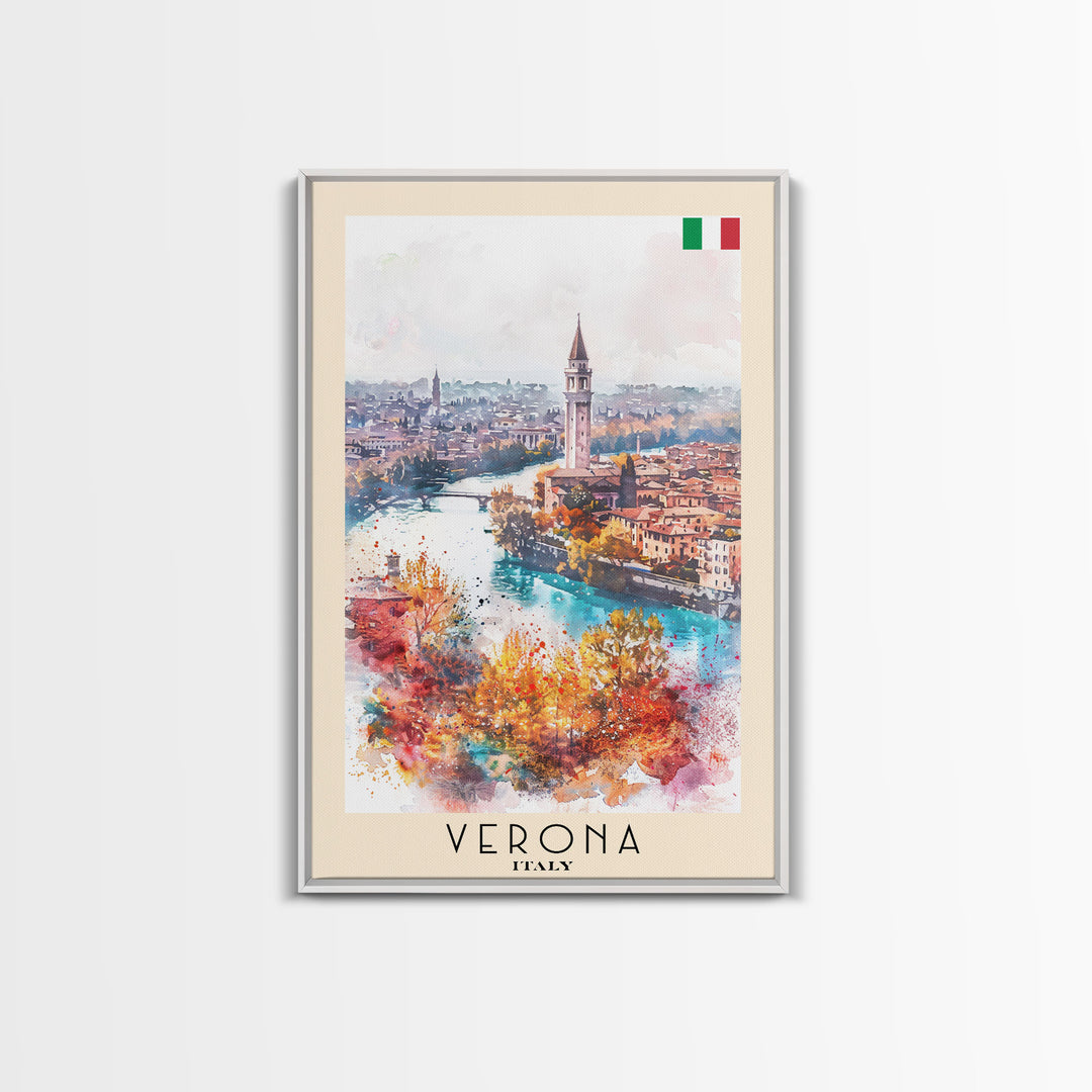 Verona Italy Travel Poster Framed Canvas Print, Watercolor Painting, Historic Wall Art, Home Decor, Italian Cityscape, Shakespearean Decor