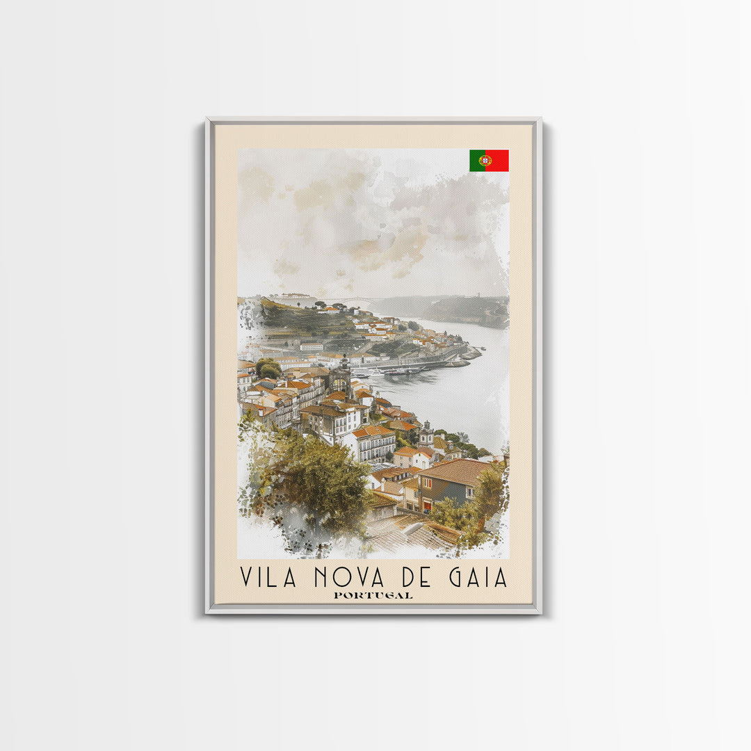 Vila Nova de Gaia Portugal Travel Poster Framed Canvas Print, Watercolor Painting, Scenic Wall Art, Home Decor, Portuguese Landscape, Vintage Art