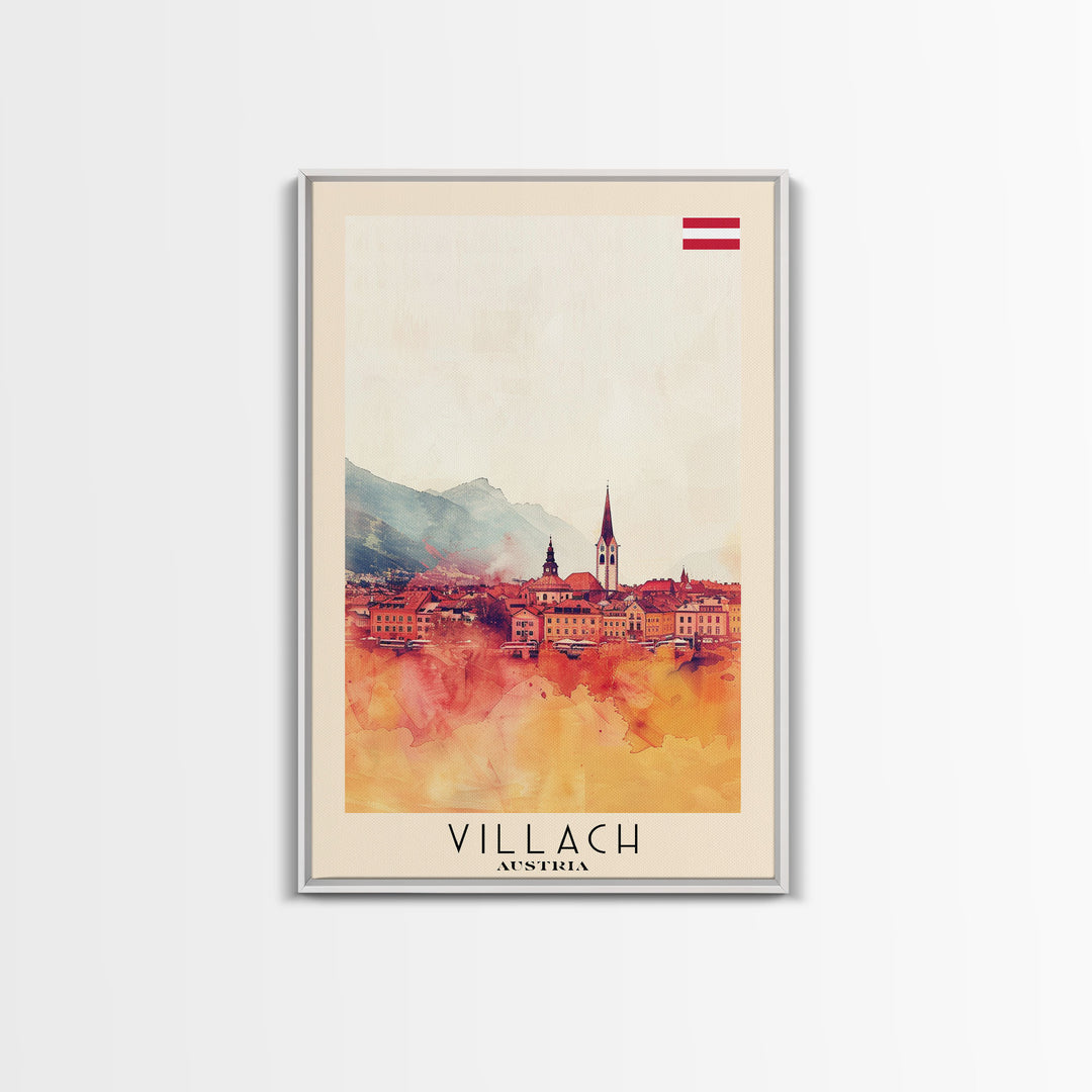 Villach Austria Travel Poster Framed Canvas Print, Watercolor Painting, Scenic Wall Art, Home Decor, Austrian Landscape, Alpine Art