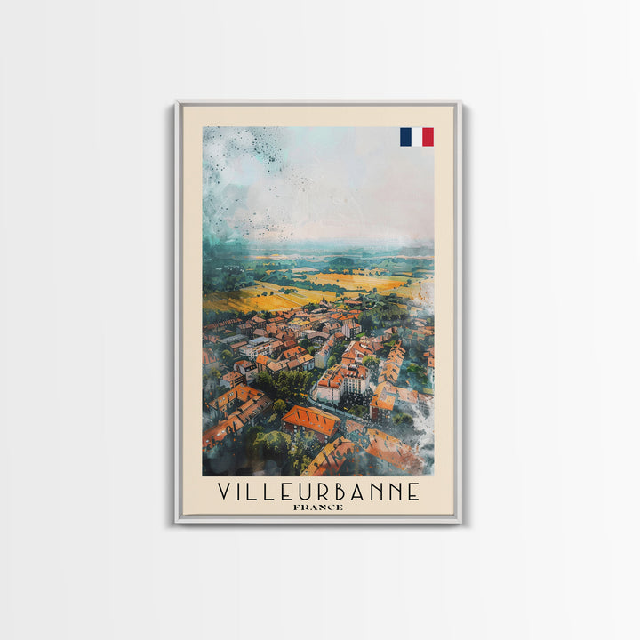 Villeurbanne France Travel Poster Framed Canvas Print, Watercolor Painting, Urban Wall Art, Home Decor, French Cityscape, Contemporary Decor