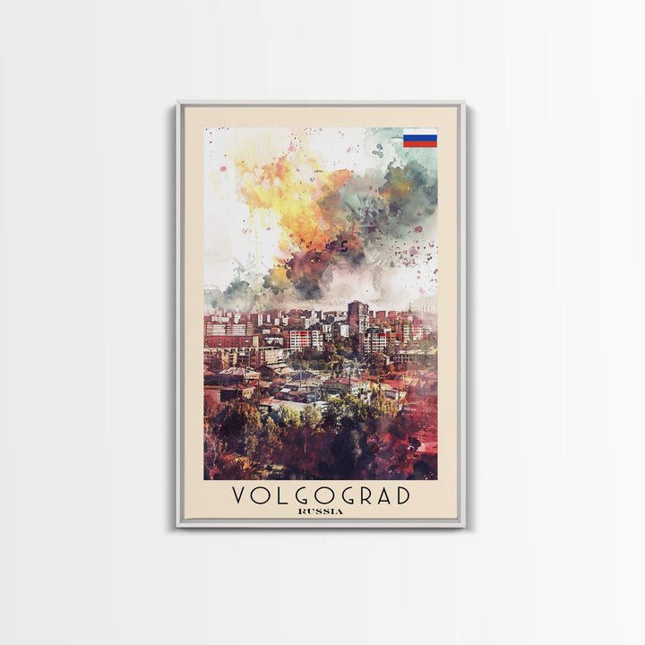 Volgograd Russia Travel Poster Framed Canvas Print, Watercolor Painting, Urban Wall Art, Home Decor, Russian Cityscape, Heritage Art