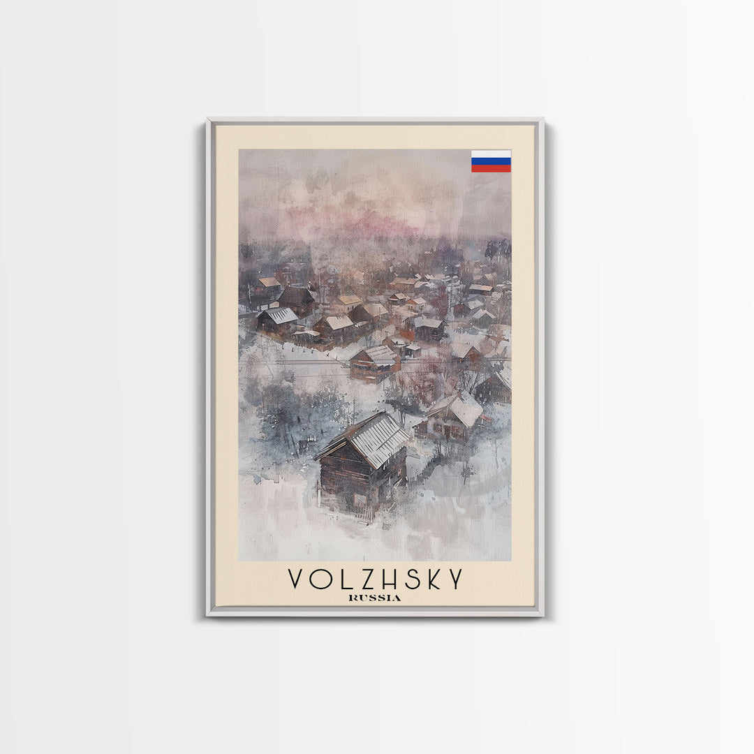 Volzhsky Russia Travel Poster Framed Canvas Print, Watercolor Painting, Urban Wall Art, Home Decor, Russian Cityscape, Classic Decor