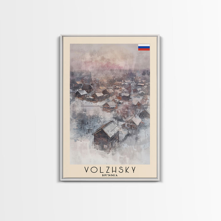 Volzhsky Russia Travel Poster Framed Canvas Print, Watercolor Painting, Urban Wall Art, Home Decor, Russian Cityscape, Classic Decor