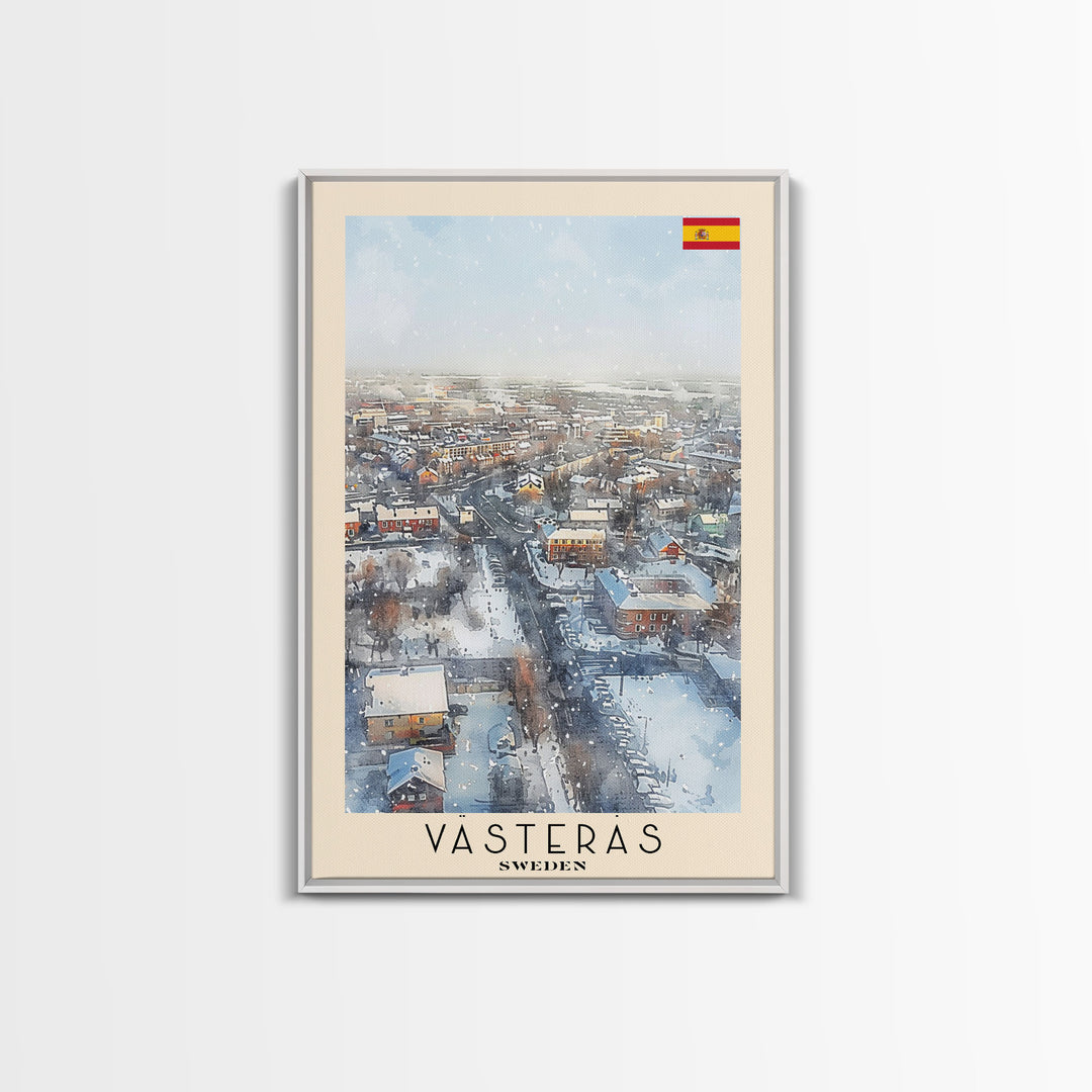 Vsters Sweden Travel Poster Framed Canvas Print, Watercolor Painting, Urban Wall Art, Home Decor, Swedish Cityscape, Modern Art