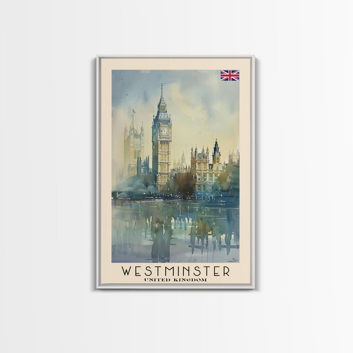 Westminster United Kingdom Travel Poster Framed Canvas Print, Watercolor Painting, Urban Wall Art, Home Decor, British Cityscape, Gift for Travelers