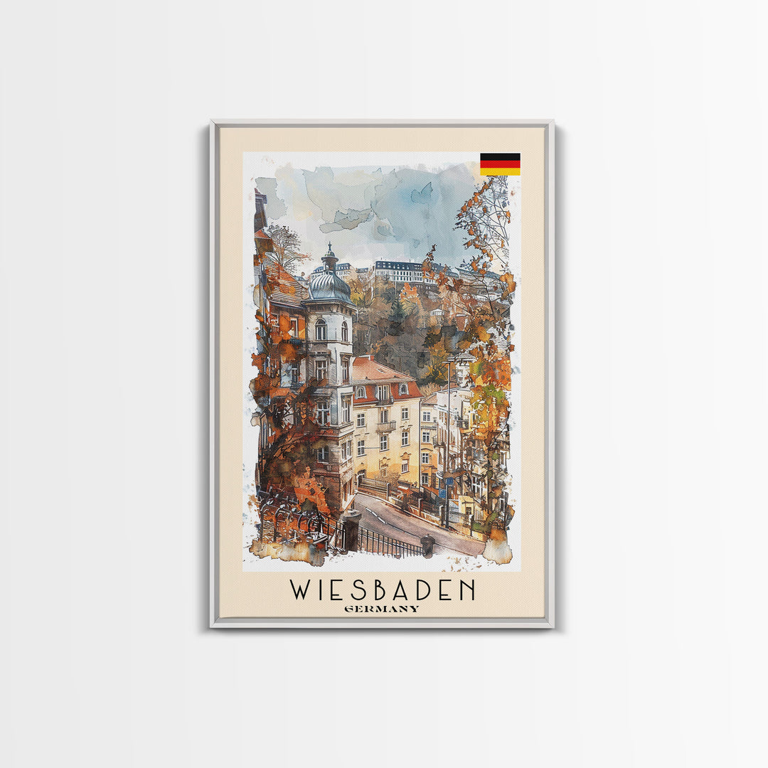 Wiesbaden Germany Travel Poster Framed Canvas Print, Watercolor Painting, Scenic Wall Art, Home Decor, German Cityscape, Artistic Gift