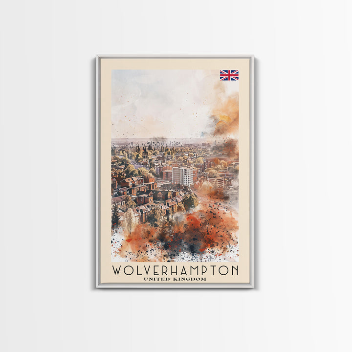 Wolverhampton United Kingdom Travel Poster Framed Canvas Print, Watercolor Painting, Urban Wall Art, Home Decor, British Cityscape, Gift for Art Lovers