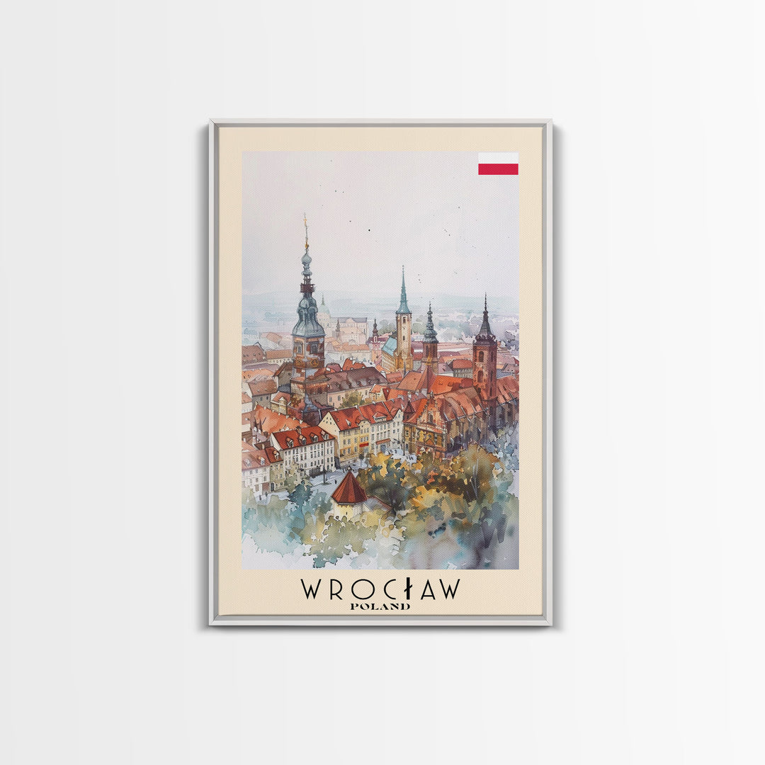 Wrocław Poland Travel Poster Framed Canvas Print, Watercolor Painting, Urban Wall Art, Home Decor, Polish Cityscape, Special Gift