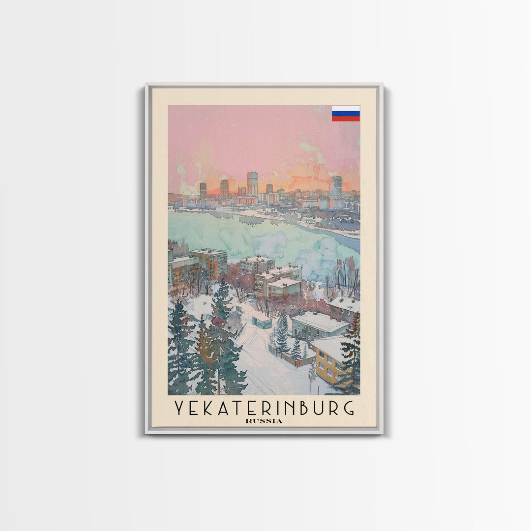 Yekaterinburg Russia Travel Poster Framed Canvas Print, Watercolor Painting, Urban Wall Art, Home Decor, Russian Cityscape, Gift for Him