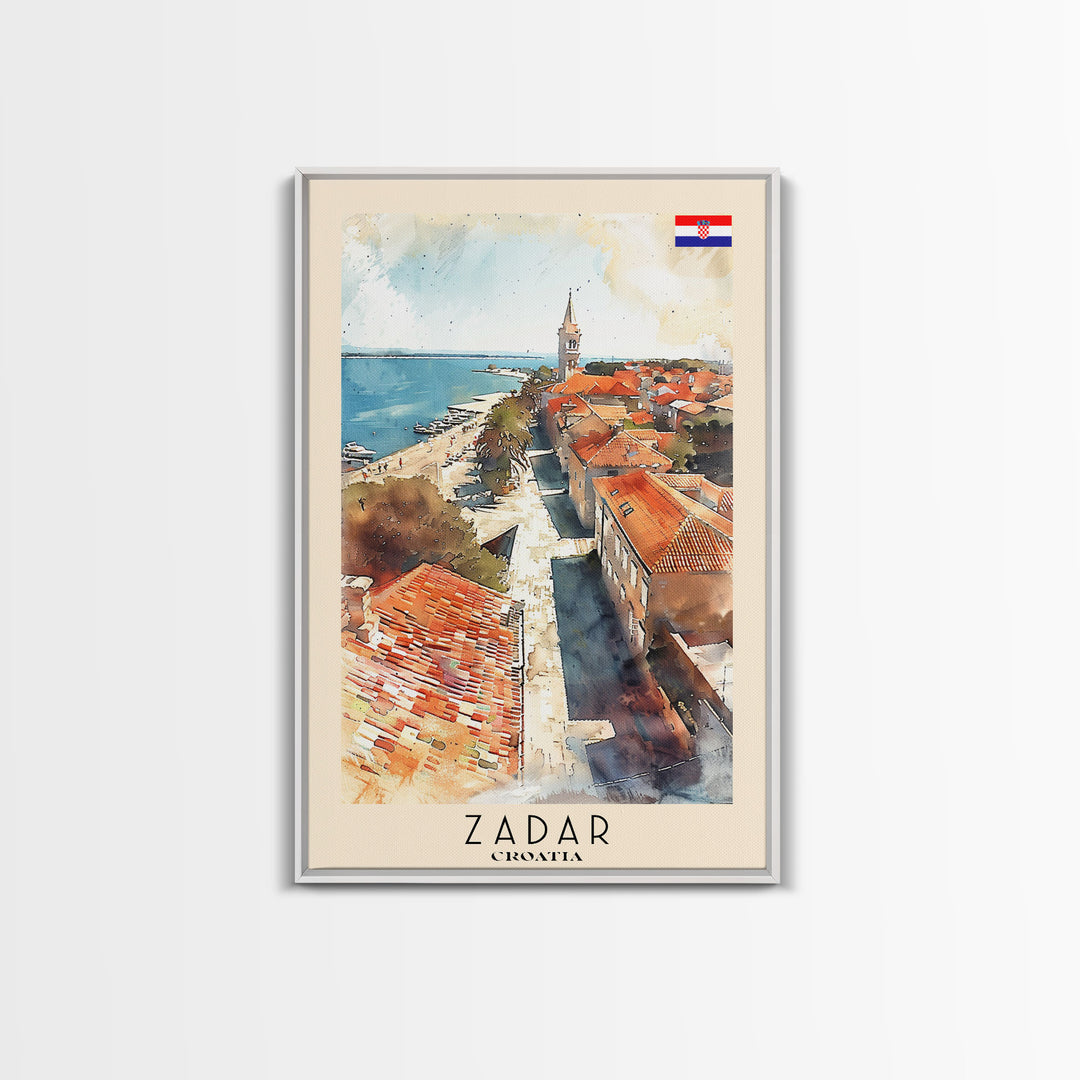 Zadar Croatia Travel Poster Framed Canvas Print, Watercolor Painting, Coastal Wall Art, Home Decor, Croatian Seaside, Nautical Gift