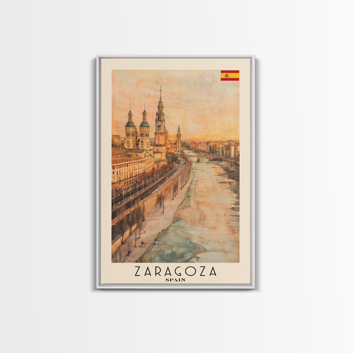 Zaragoza Spain Travel Poster Framed Canvas Print, Watercolor Painting, Urban Wall Art, Home Decor, Spanish Cityscape, Artistic Gift