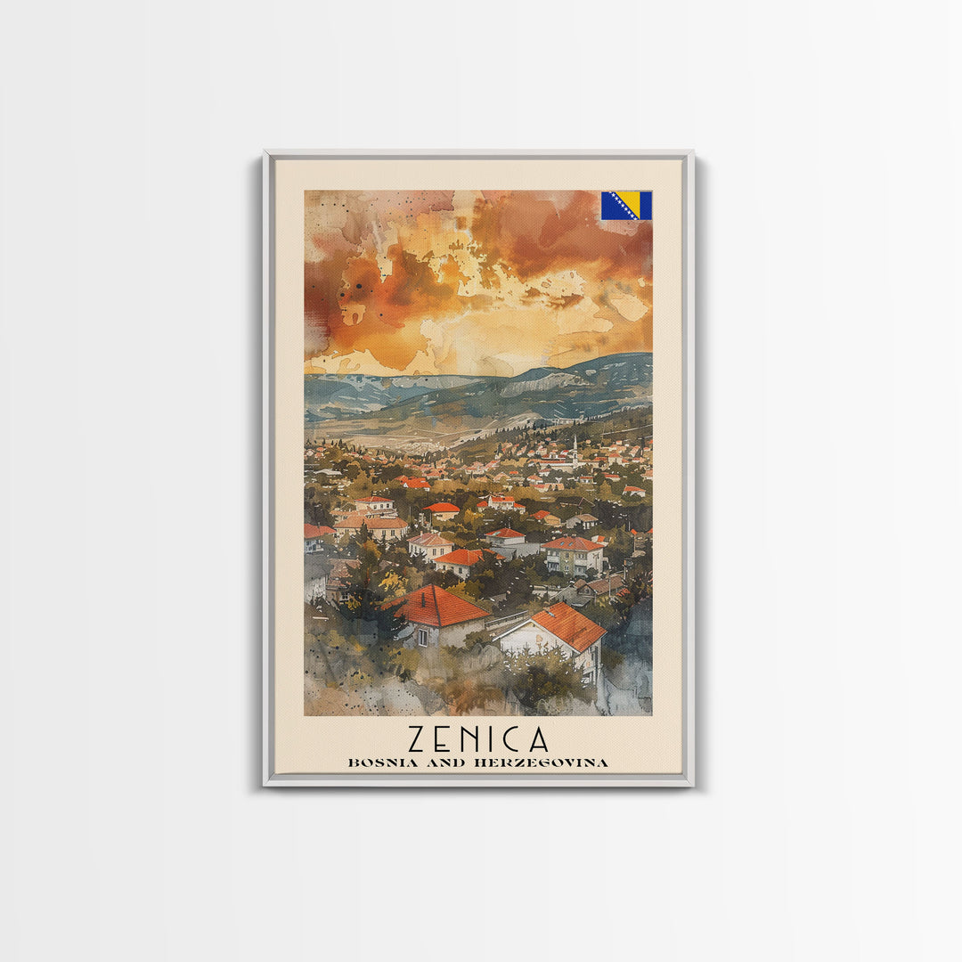 Zenica Bosnia Travel Poster Framed Canvas Print, Watercolor Painting, Scenic Wall Art, Home Decor, Bosnian Landscape, Unique Gift