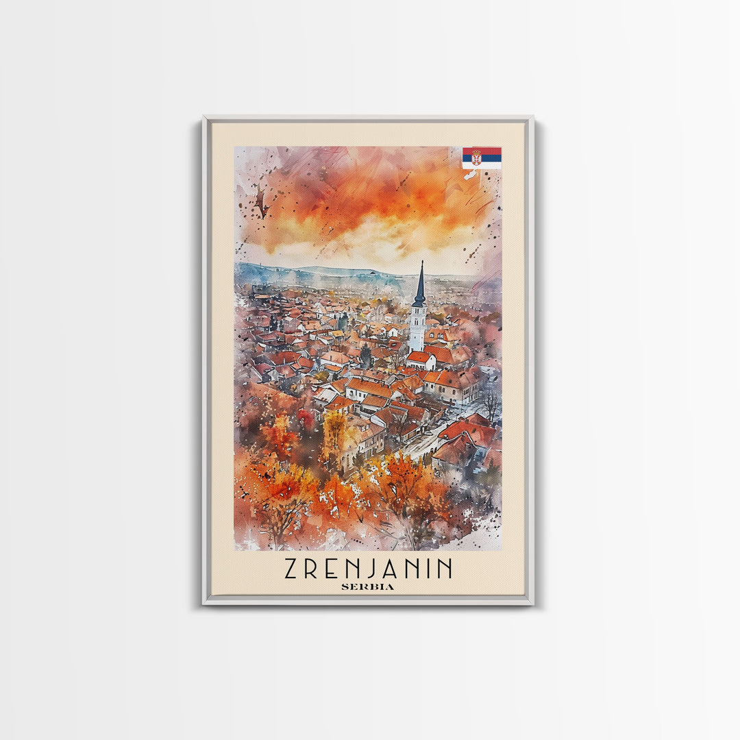 Zrenjanin Serbia Travel Poster Framed Canvas Print, Watercolor Painting, Scenic Wall Art, Home Decor, Serbian Landscape, Unique Gift