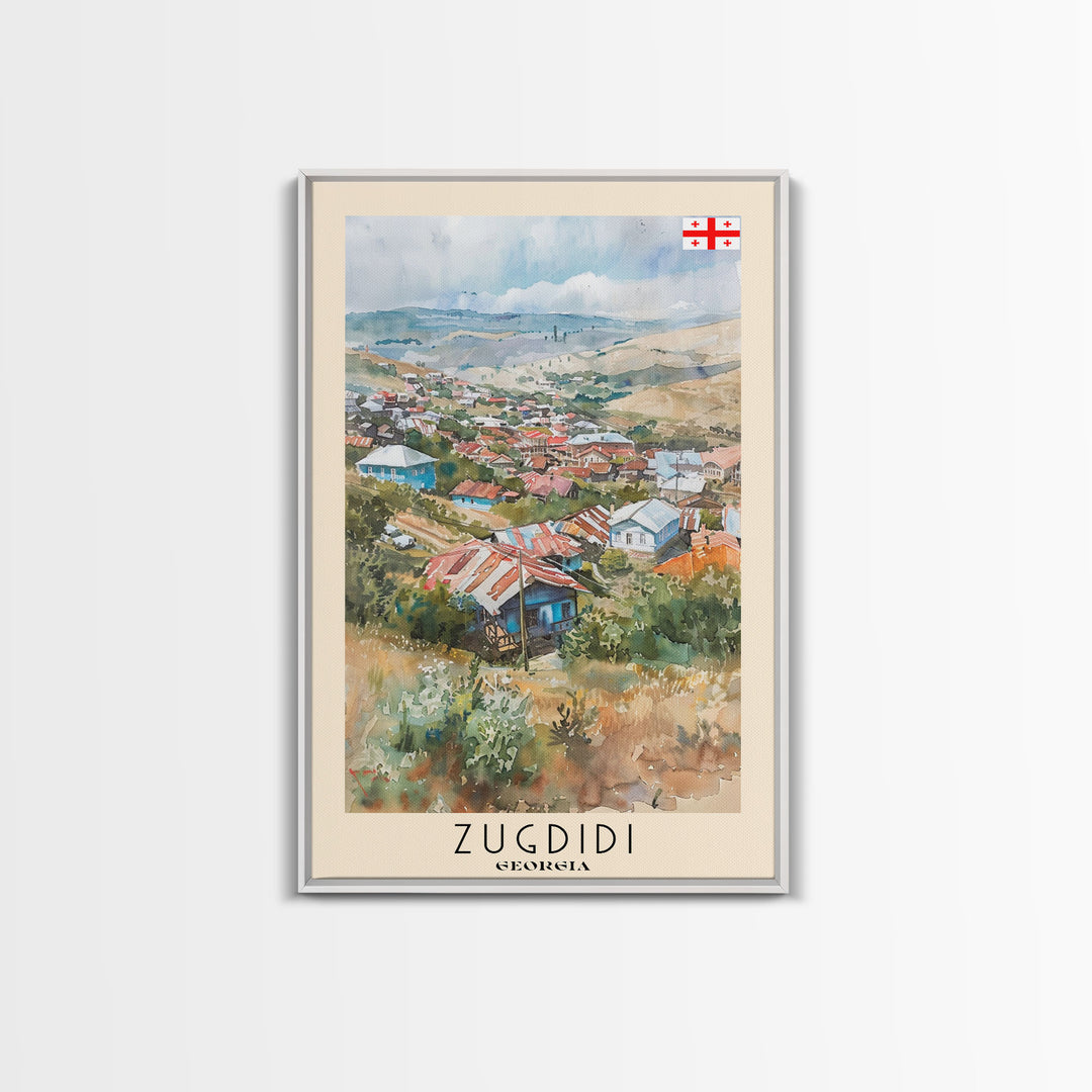 Zugdidi Georgia Travel Poster Framed Canvas Print, Watercolor Painting, Scenic Wall Art, Home Decor, Georgian Landscape, Thoughtful Gift