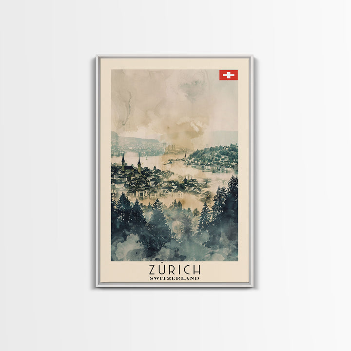 Zurich Switzerland Travel Poster Framed Canvas Print, Watercolor Painting, Urban Wall Art, Home Decor, Swiss Cityscape, Elegant Gift