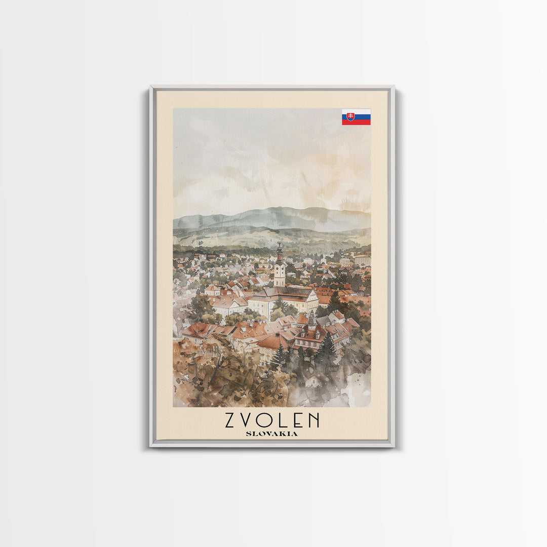 Zvolen Slovakia Travel Poster Framed Canvas Print, Watercolor Painting, Scenic Wall Art, Home Decor, Slovakian Landscape, Artistic Gift