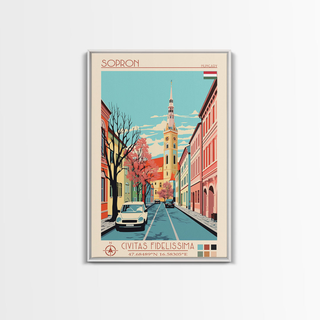 Sopron Hungary Travel Poster Framed Canvas Print, Midcentury Modern Art, Pop Art Wall Decor, Bedroom Decor, Vacation Gift