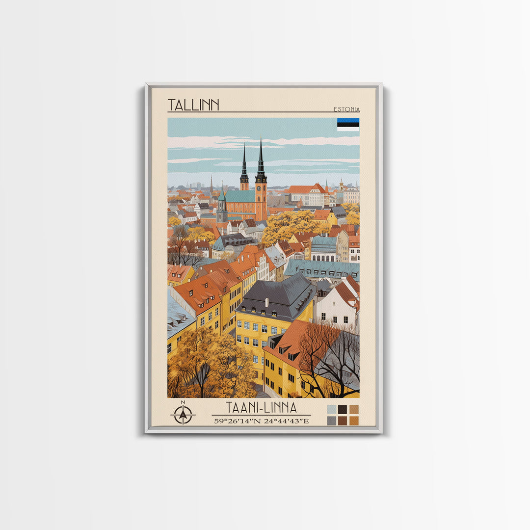 Tallinn Estonia Travel Poster Framed Canvas Print, Midcentury Modern Art, Pop Art Wall Decor, Living Room Art, Home Decoration