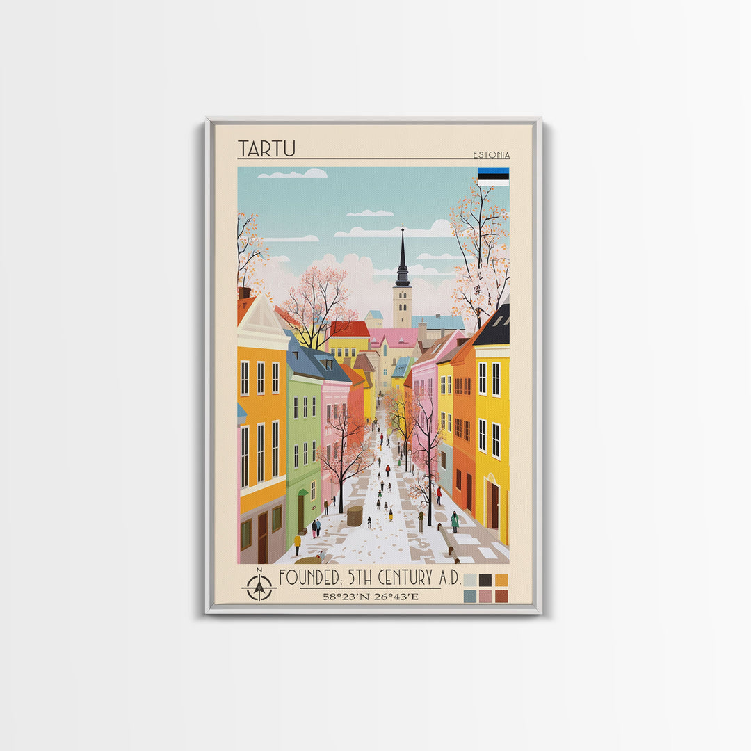 Tartu Estonia Travel Poster Framed Canvas Print, Midcentury Modern Art, Pop Art Wall Decor, Living Room Art, Home Decoration