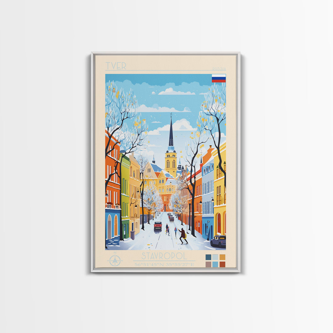 Tver Russia Travel Poster Framed Canvas Print, Midcentury Modern Art, Pop Art Wall Decor, Living Room Art, Home Decoration