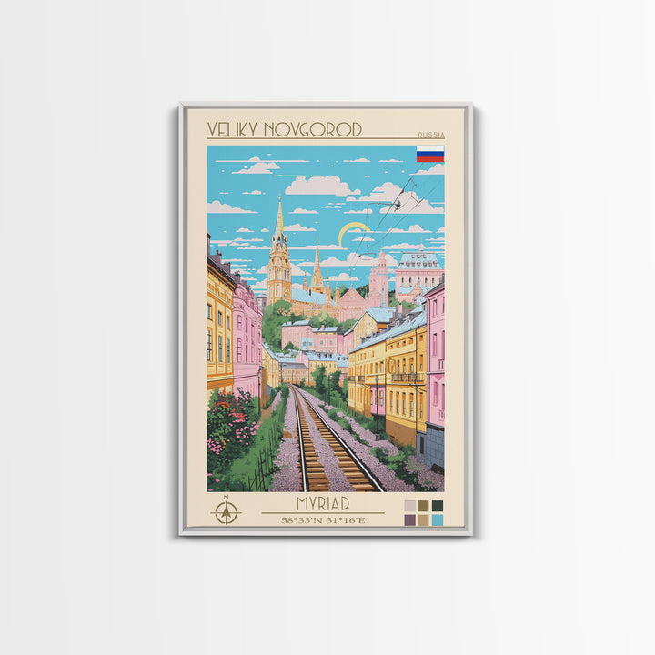 Veliky Novgorod Russia Travel Poster Framed Canvas Print, Midcentury Modern Art, Pop Art Wall Decor, Living Room Art, Scenic Wall Art