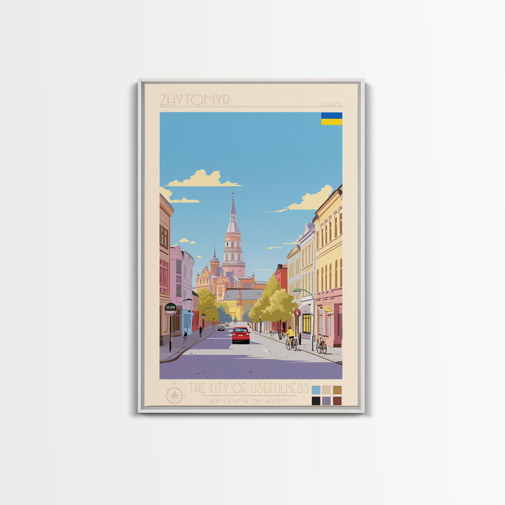 Zhytomyr Ukraine Travel Poster Framed Canvas Print, Midcentury Modern Art, Pop Art Wall Decor, Living Room Art, Home Decoration