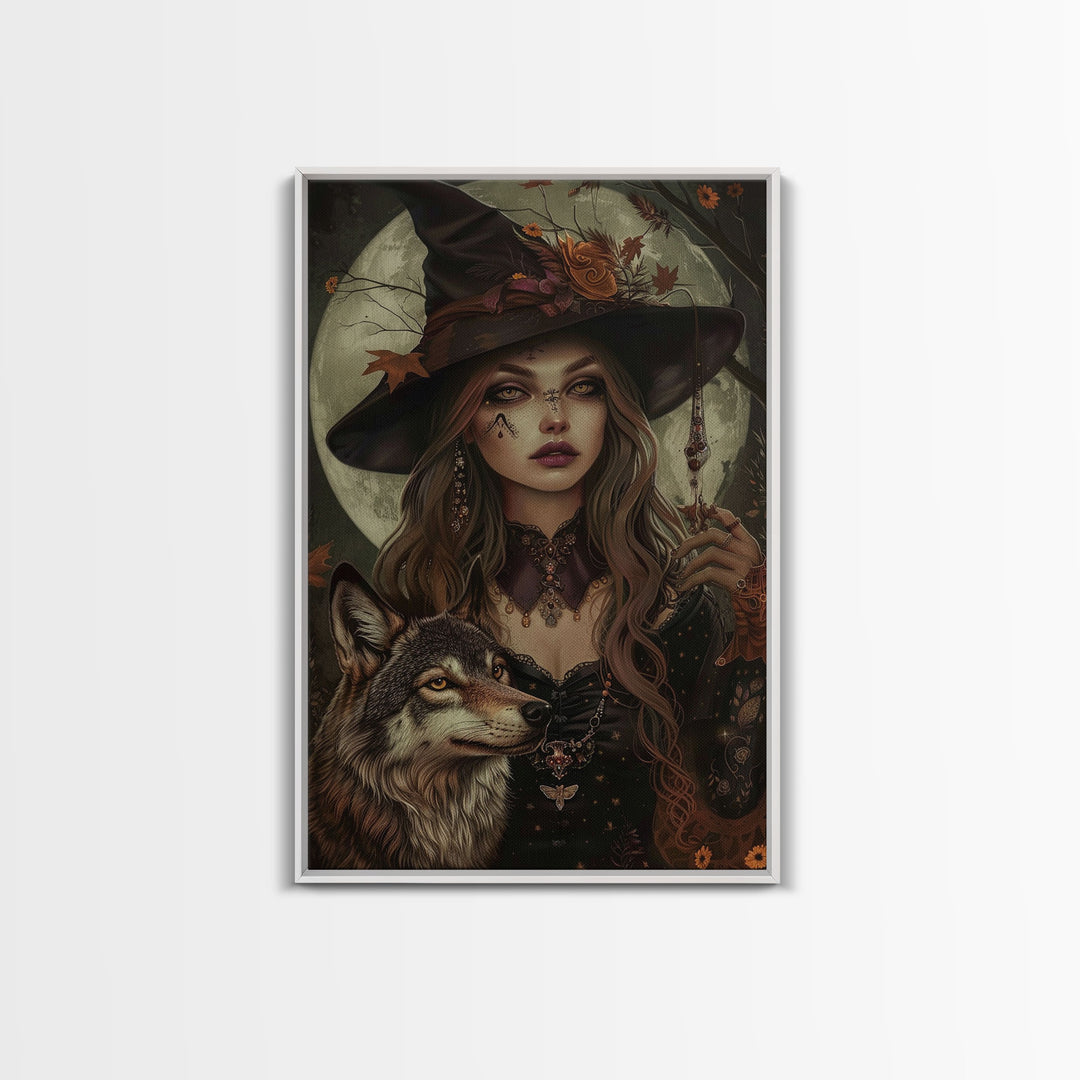 The Witch And The Wolf, Spooky Halloween Wall Art Framed Canvas Print, Spooky Season, Witch Painting, Halloween Decor and Art, Seasonal