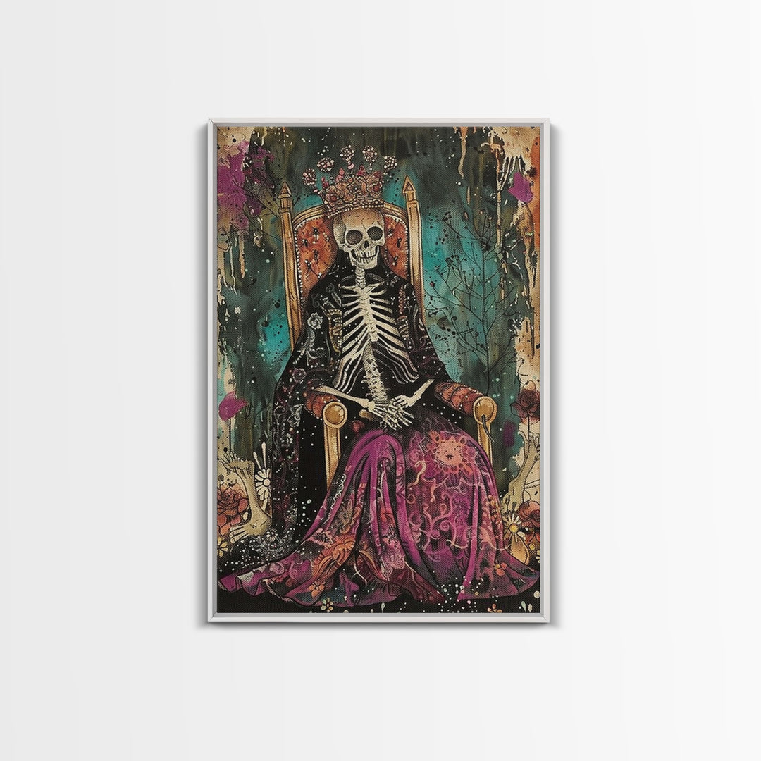 Skeleton King in Regal Throne Framed Canvas Print, Royalty Decor, Halloween Skeleton Art, Haunted Mansion Wall Art, Gothic Skeleton Print