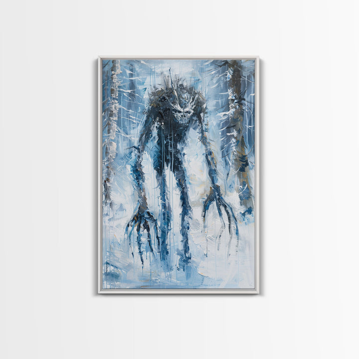 Wendigo in Winter Woods Framed Canvas Print, Eerie Winter Monster Decor, Halloween Creature Art Haunted Forest Wall Art Spooky Monster Print