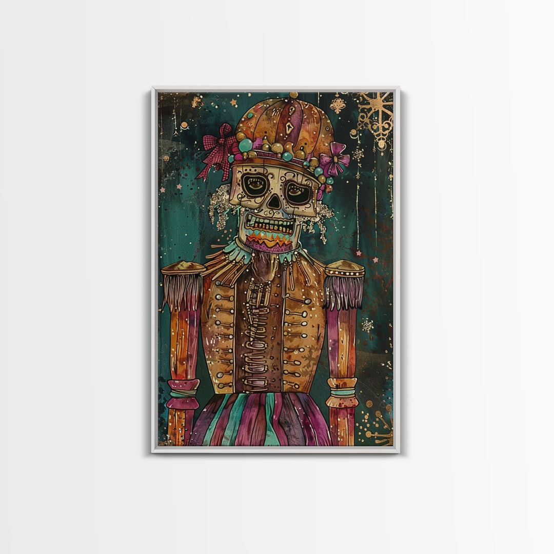 Skeleton Nutcracker in Festive Attire Framed Canvas Print, Halloween Nutcracker Decor, Spooky Art, Haunted Toy Wall Art, Nutcracker Print