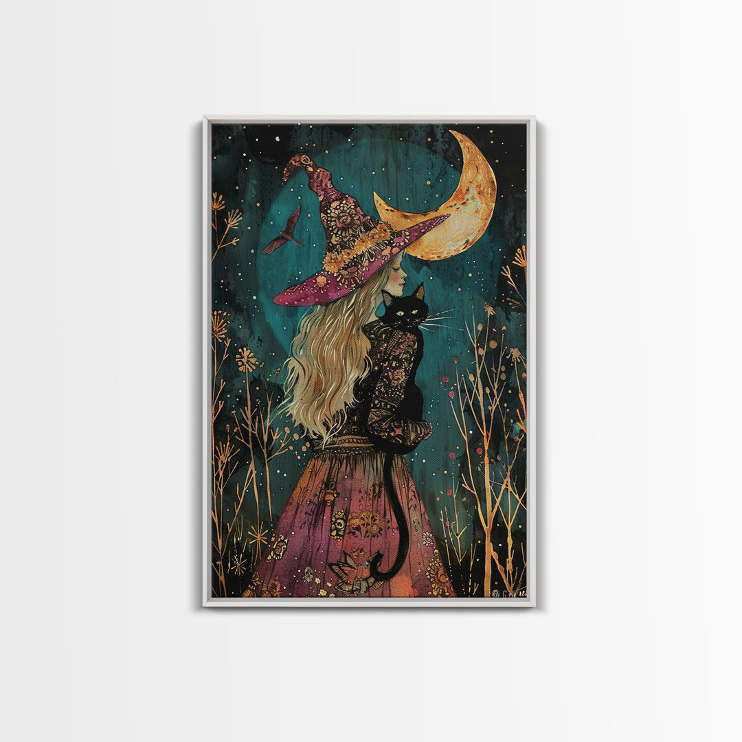 The Witch And The Black Cat Framed Canvas Print, Cottage Core Witchy Art, Halloween Trinket, Halloween Wall Art, Spooky Wall Art, Home Decor