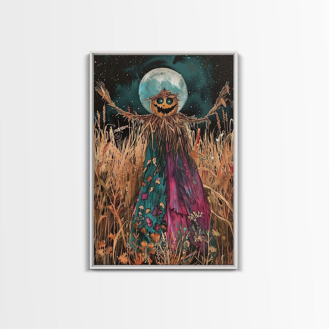 Spooky Scarecrow in Field Framed Canvas Print, Haunted Field Decor, Halloween Scarecrow Art, Eerie Harvest Wall Art, Creepy Scarecrow Print