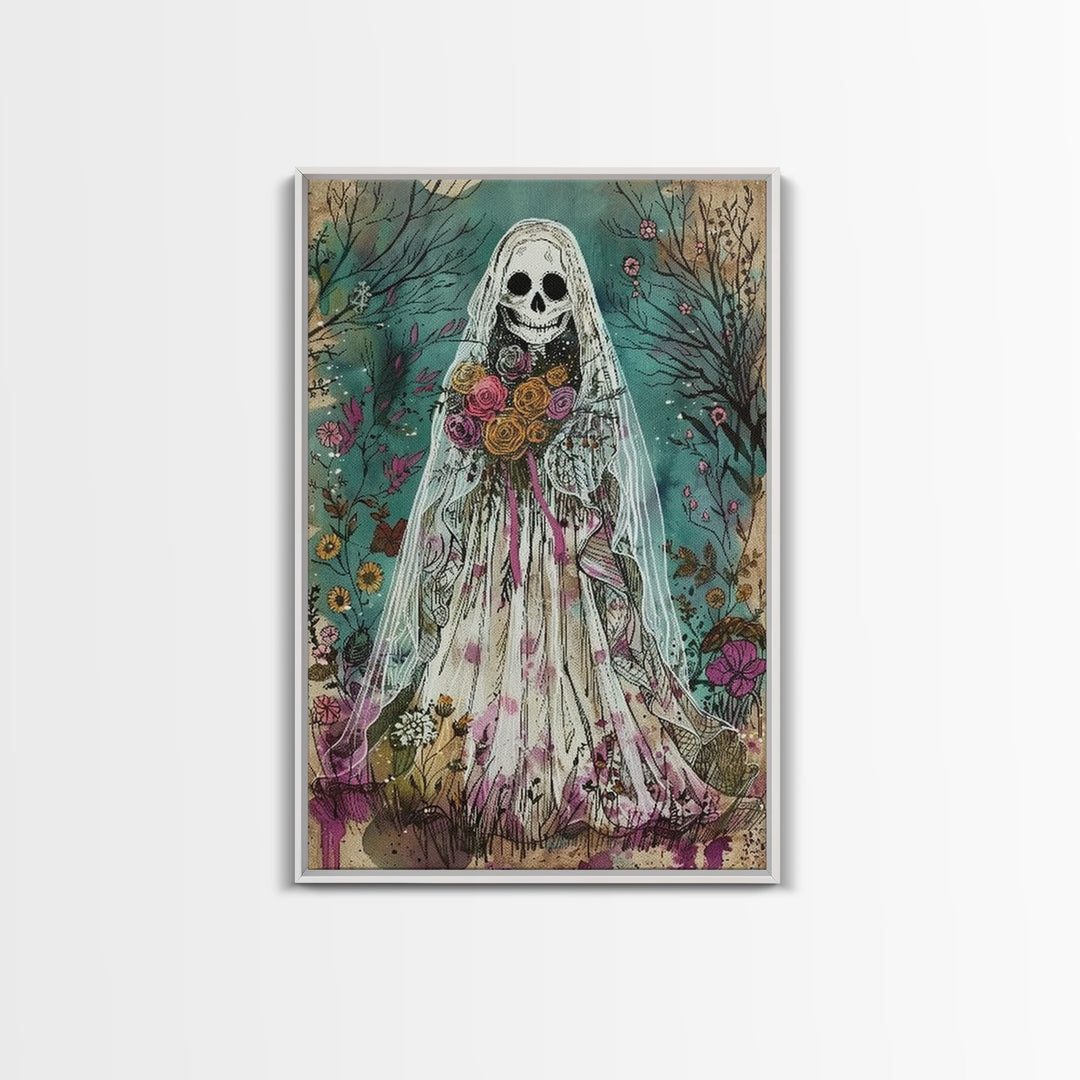 The Ghostly Bride, Cottage Core Ghost Decor, Cottagecore Halloween Art Framed Canvas Print, Unique Wall Art, Spooky Season Decor