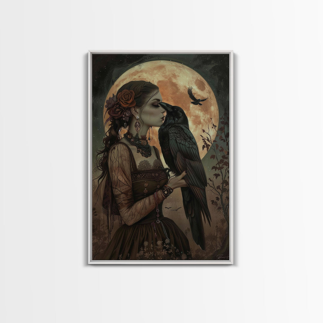 The Witch And The Raven, Framed Canvas Print, Raven Familiar, Victorian Witch Painting, Halloween Decor, Halloween Trinket, Spooky Wall Art