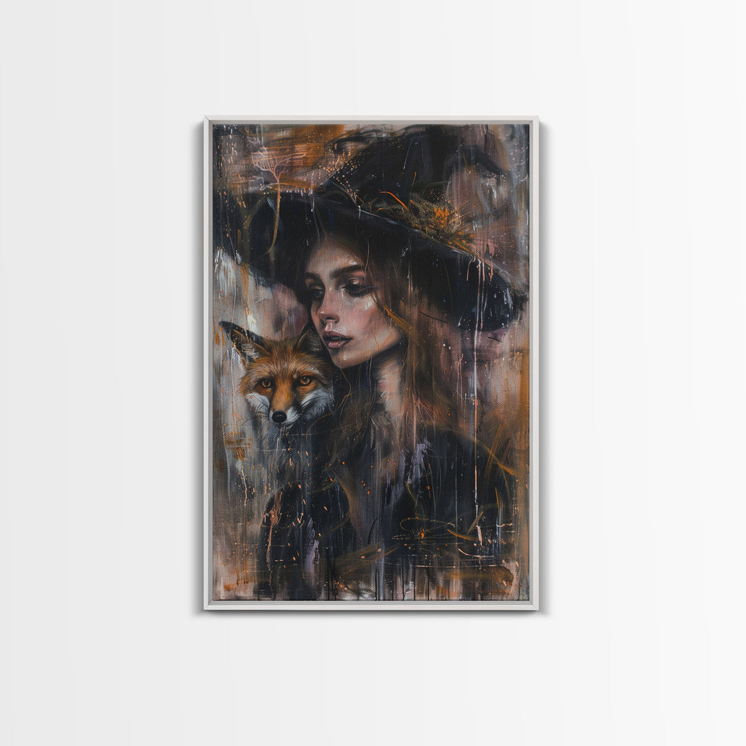 The Witch And Her Fox Familiar Framed Canvas Print | Halloween Unique Decor / Gift Idea | Witch Art | Witch Hat | Framed Canvas