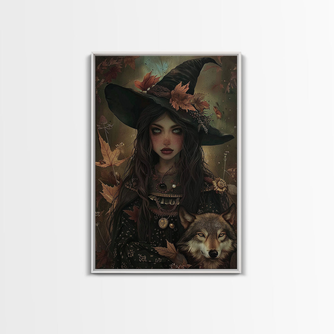 The Witch And The Wolf Framed Canvas Print, Spooky Halloween Wall Art, Halloween Prop, Halloween Products, Canvas Art, Home Decor