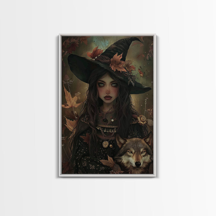 The Witch And The Wolf Framed Canvas Print, Spooky Halloween Wall Art, Halloween Prop, Halloween Products, Canvas Art, Home Decor