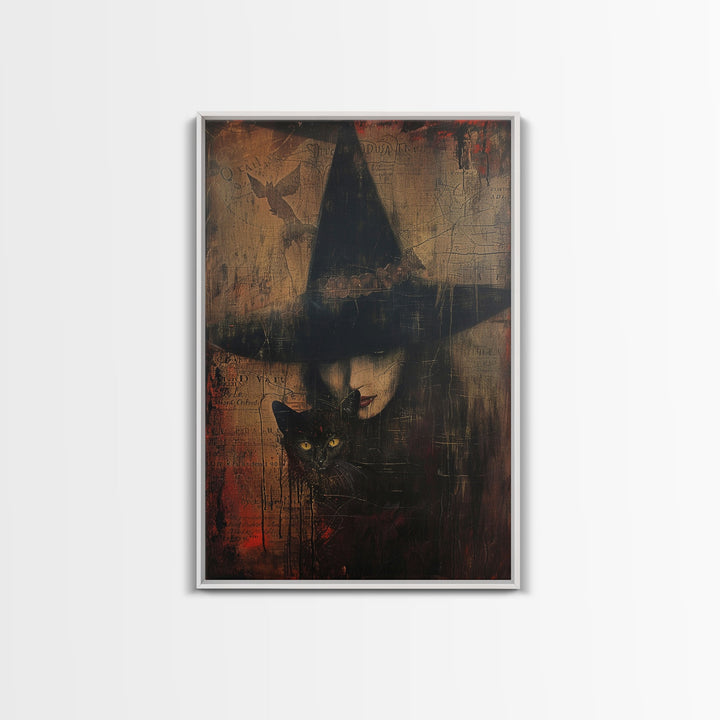 Witch And Black Cat Framed Canvas Print, Spooky Halloween Decor, Framed Canvas, Vintage and Distressedd Halloween Wall Art, Spooky Vibes