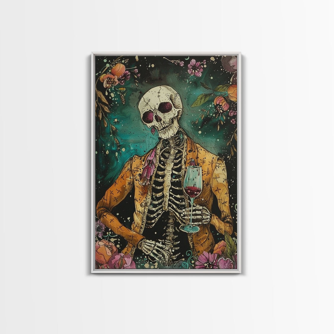 Skeleton Gentleman with Wine Glass Framed Canvas Print, Halloween Art, Creepy Wall Art, Spooky Home Decor, Scary Art, Unique Wall Decor