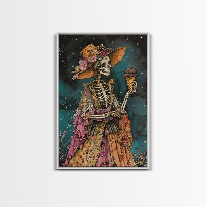 Skeleton in a Colorful Dress with Ice Cream - Day of the Dead Art - Halloween Skeleton Print Vibrant Skeleton Decor - Dia de los Muertos Art