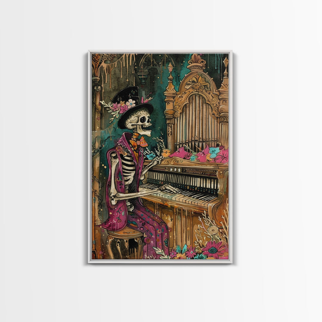 Skeleton Playing Organ in Gothic Church - Day of the Dead Skeleton Musician - Gothic Halloween Art - Skeleton Decor for Halloween