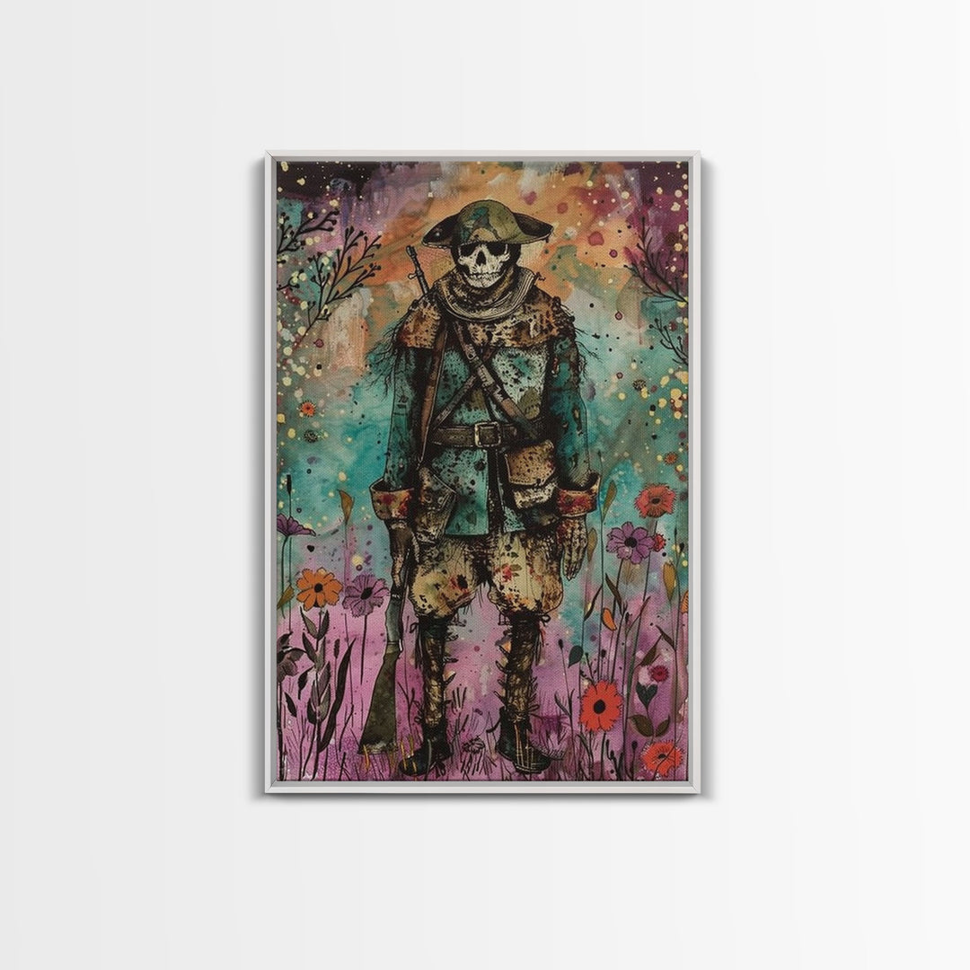 Skeleton Soldier Stands Amid Colorful Blooms, Blending Historical Charm and Spooky Halloween Style for Unique Wall Art