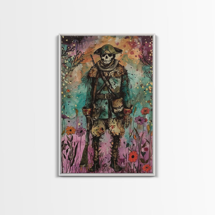 Skeleton Soldier Stands Amid Colorful Blooms, Blending Historical Charm and Spooky Halloween Style for Unique Wall Art