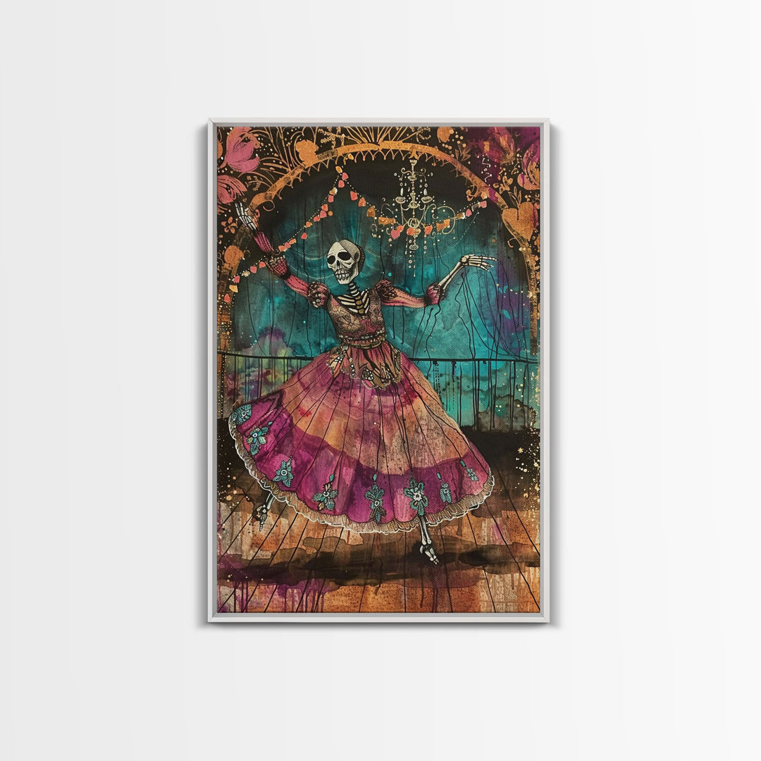 Skeleton Dancer in a Vibrant Dress Celebrates Halloween, Bringing Spooky Charm to Your Halloween Wall Art Collection