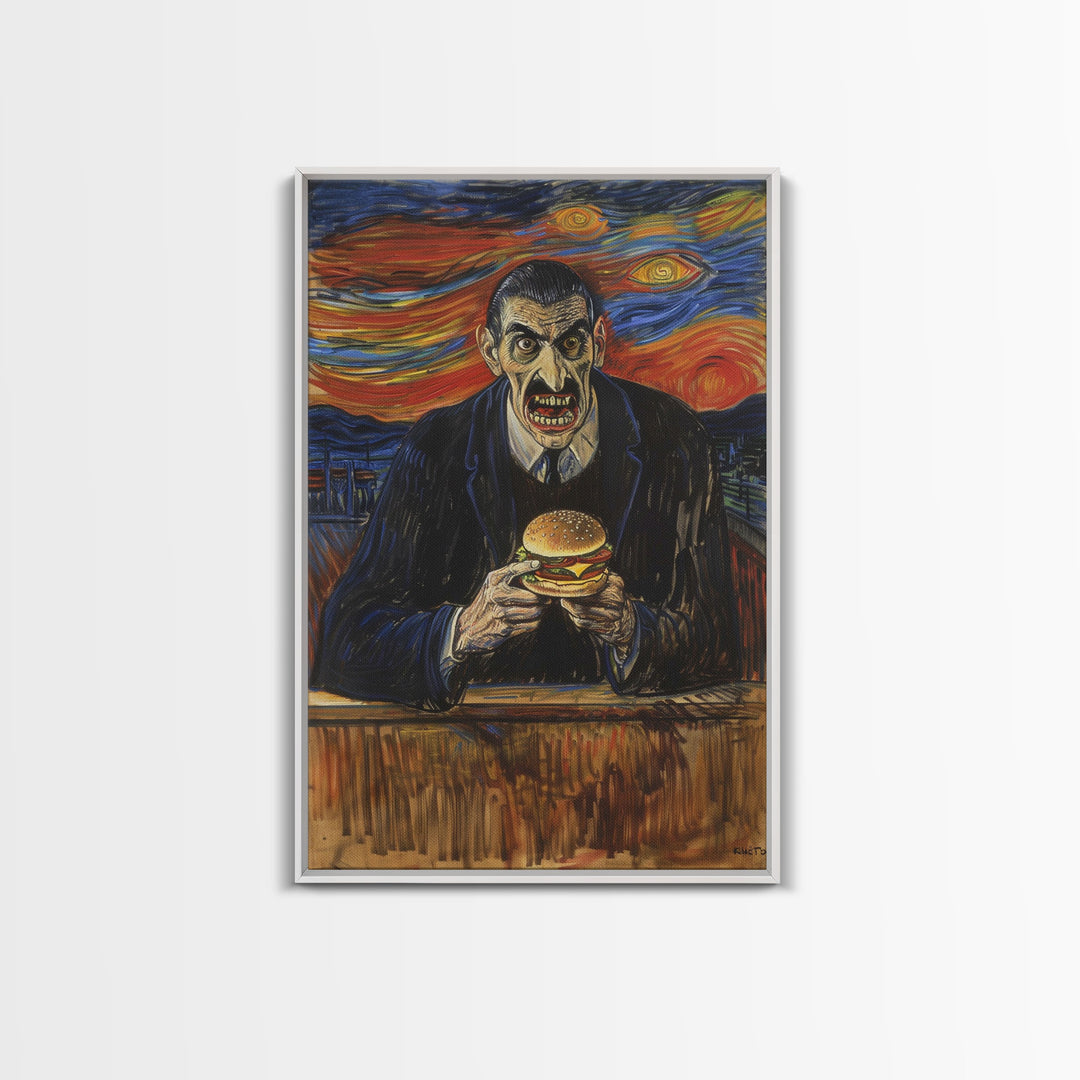 Spooky Artwork of a Man Eating a Hamburger, Inspired by the Scream, Ideal for Adding a Touch of Horror and Humor to Halloween Decor