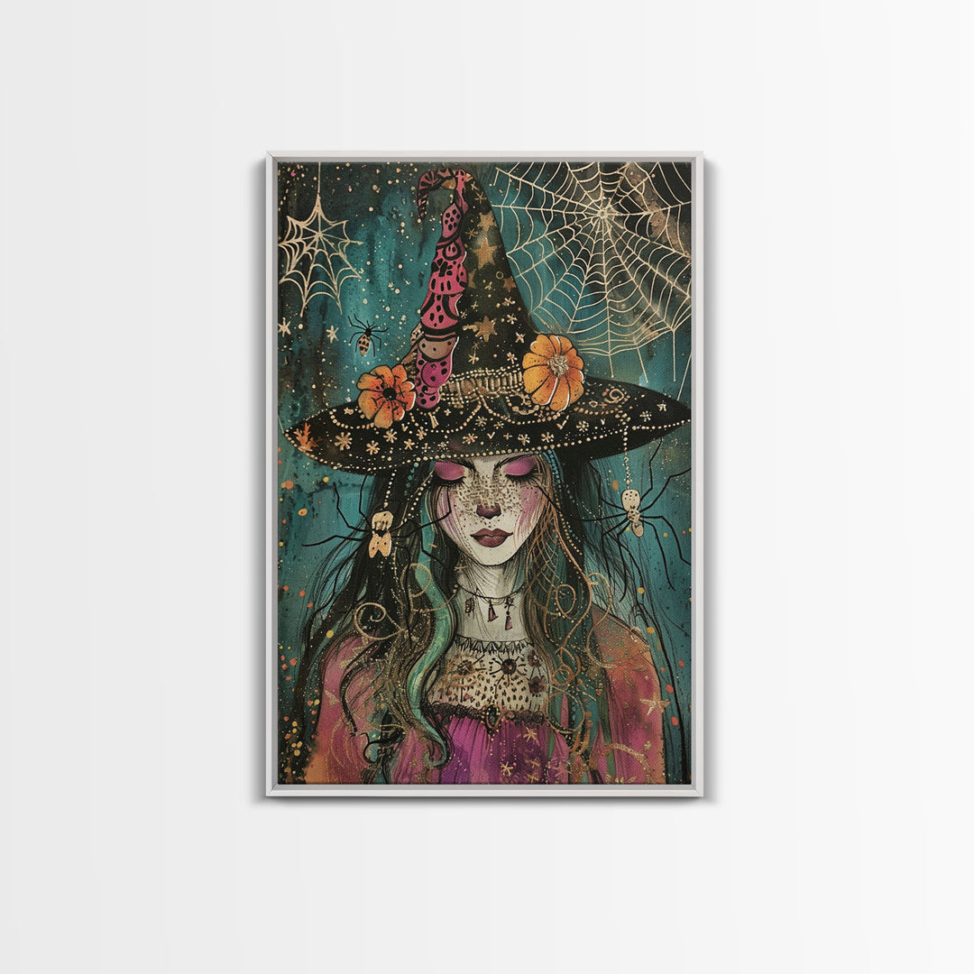 Spooky Halloween Witch Wall Art, Framed Canvas Prince, Halloween Decor, Halloween Gift Spooky Season, Cottage Core Witch and Spider Familiar