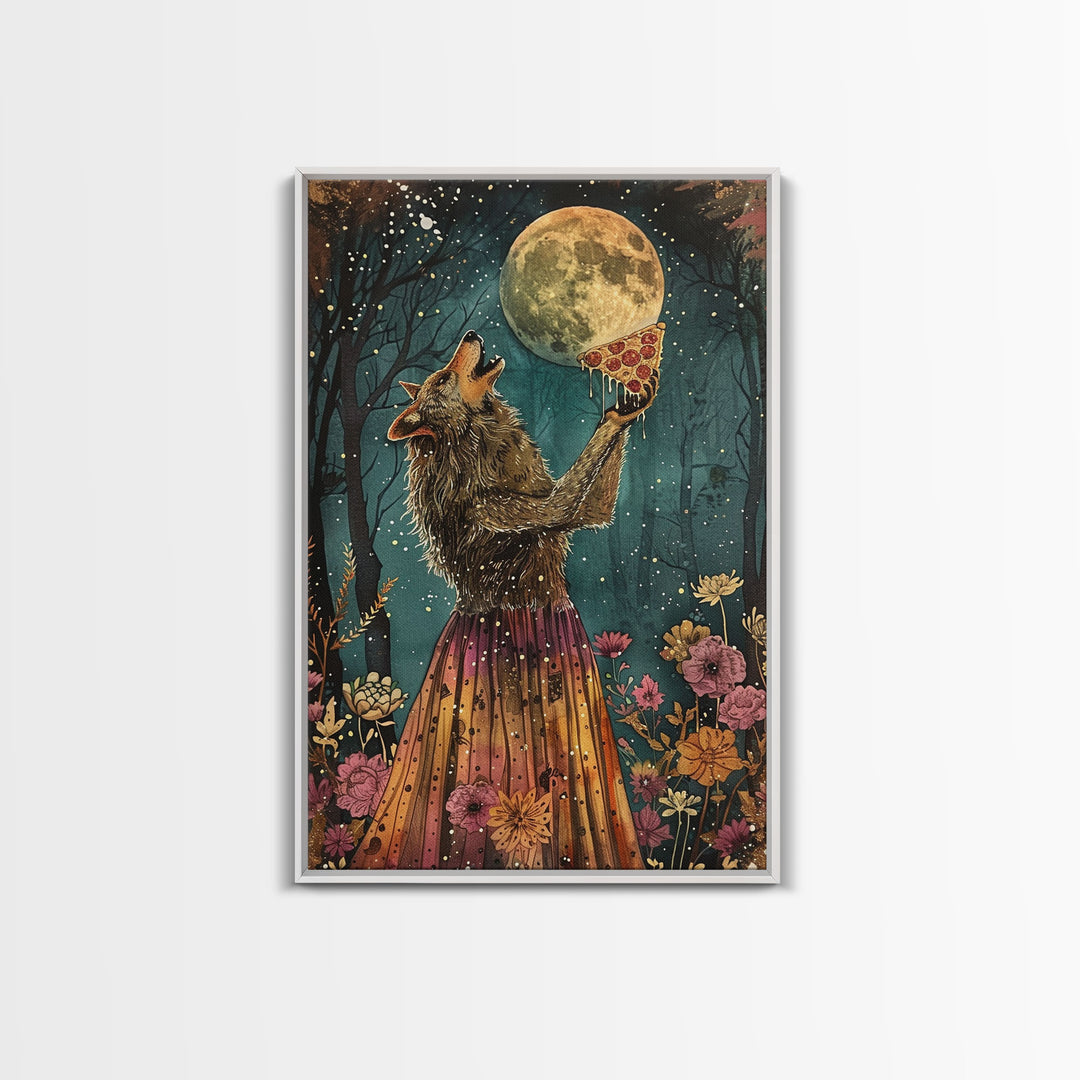 That's A Howlin' Good Pizza, Werewolf Eatin a Pizza and Howlin at The Moon, Framed Canvas Print, Funny Halloween Art