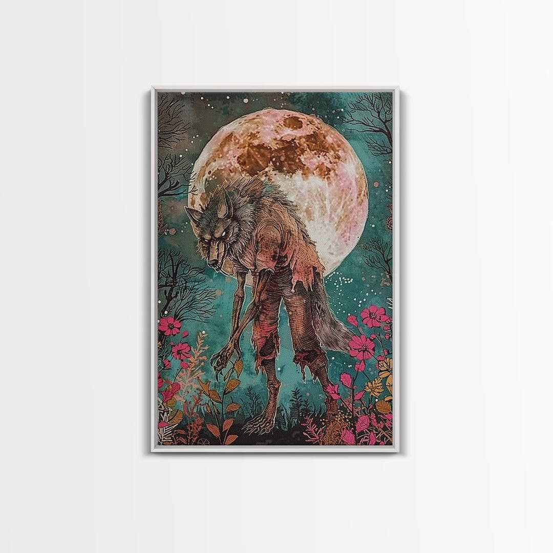 Werewolf Among Flowers and Full Moon Framed Canvas Print | Halloween Monster Art | Spooky Werewolf Decor for Home | Floral and Moon Artwork