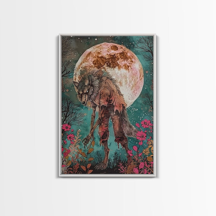 Werewolf Among Flowers and Full Moon Framed Canvas Print | Halloween Monster Art | Spooky Werewolf Decor for Home | Floral and Moon Artwork