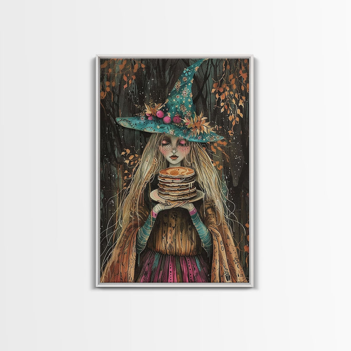 The Witch and Her Pancakes, Breakfast Witch, Framed Canvas Print, Funny Halloween Art